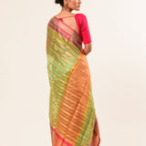 Green Organza Silk Saree with Pink Border and Gold Strip - Image 3