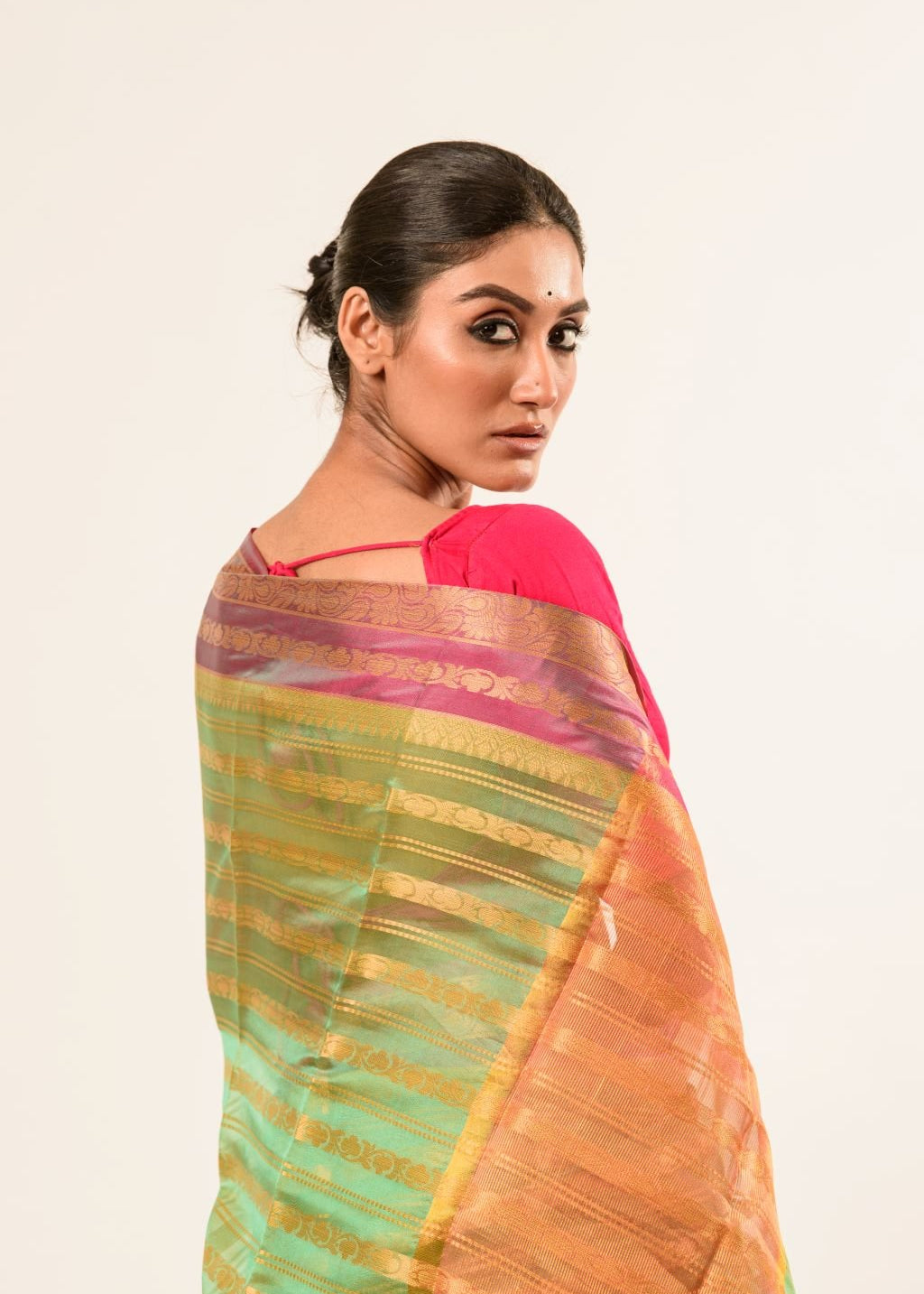 Green Organza Silk Saree with Pink Border and Gold Strip - Image 4
