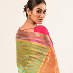 Green Organza Silk Saree with Pink Border and Gold Strip - Anvi Couture