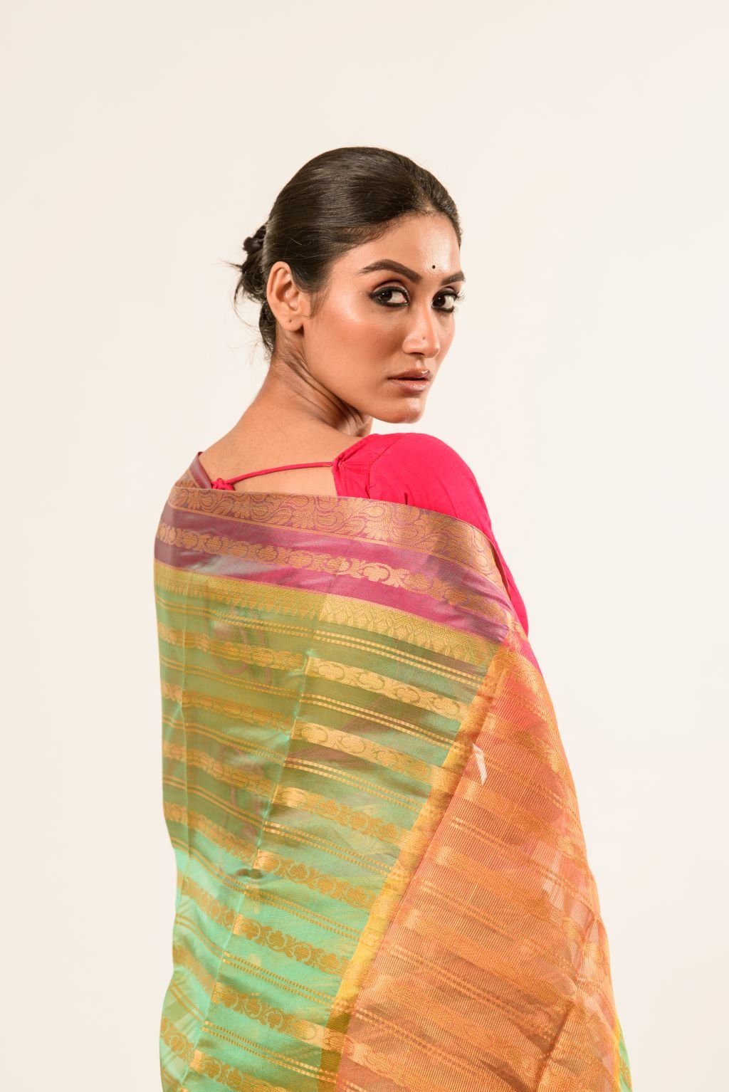 Green Organza Silk Saree with Pink Border and Gold Strip - Image 4