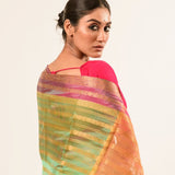 Green Organza Silk Saree with Pink Border and Gold Strip - Image 4