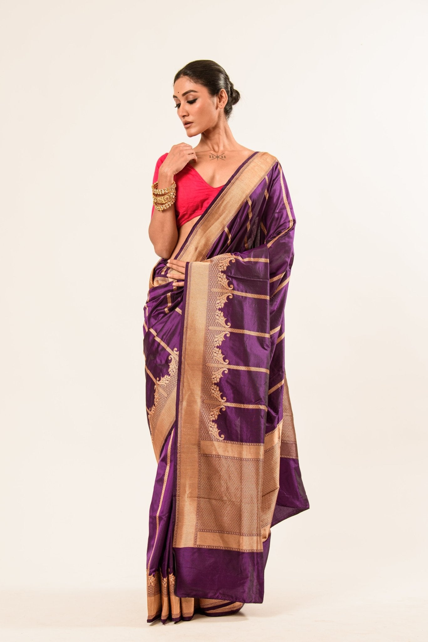 Gold Border Purple Color Katan Silk Handwoven Banarasi Saree - Anvi Couture