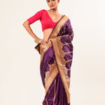 Gold Border Purple Color Katan Silk Handwoven Banarasi Saree - Image 1