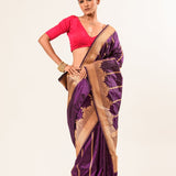 Gold Border Purple Color Katan Silk Handwoven Banarasi Saree - Anvi Couture