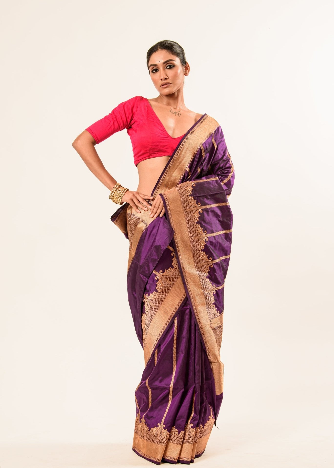 Gold Border Purple Color Katan Silk Handwoven Banarasi Saree - Anvi Couture