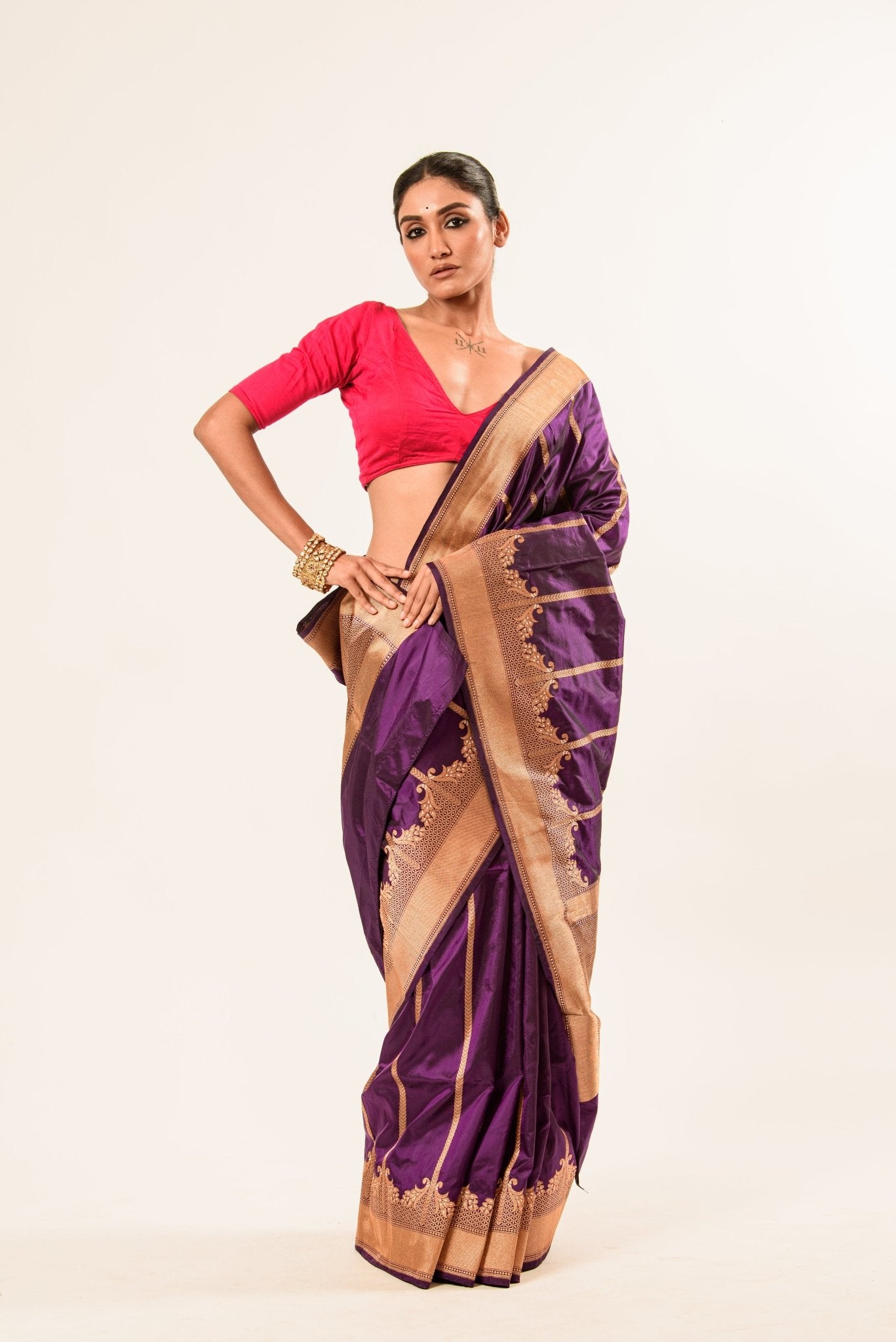 Gold Border Purple Color Katan Silk Handwoven Banarasi Saree - Image 1