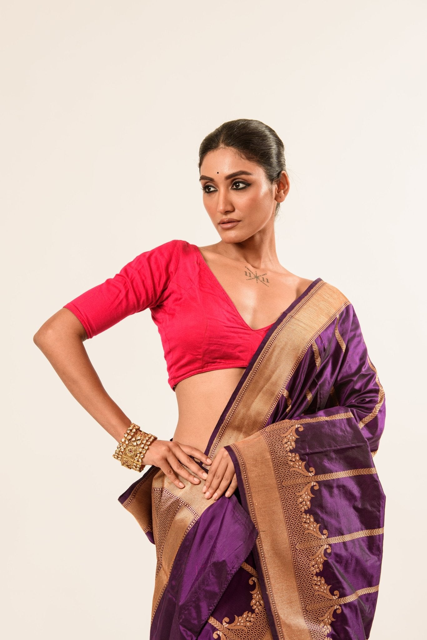 Gold Border Purple Color Katan Silk Handwoven Banarasi Saree - Anvi Couture