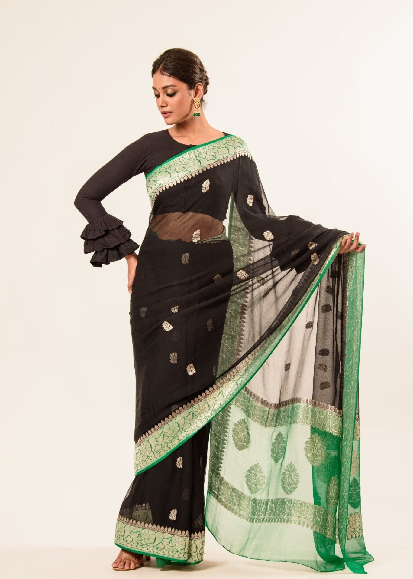 Black Khaddi Georgette Handloom Banarasi Saree - Anvi Couture