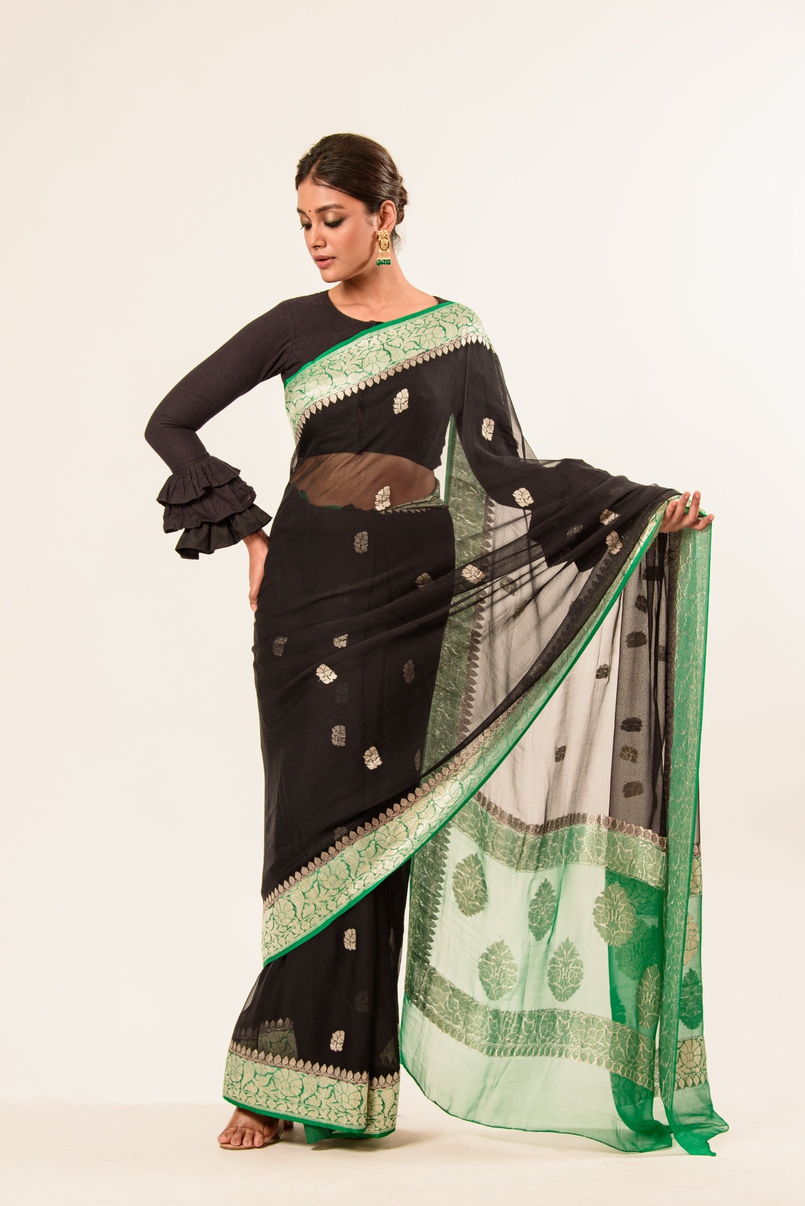 Black and Green Khaddi Georgette Handloom Banarasi Saree