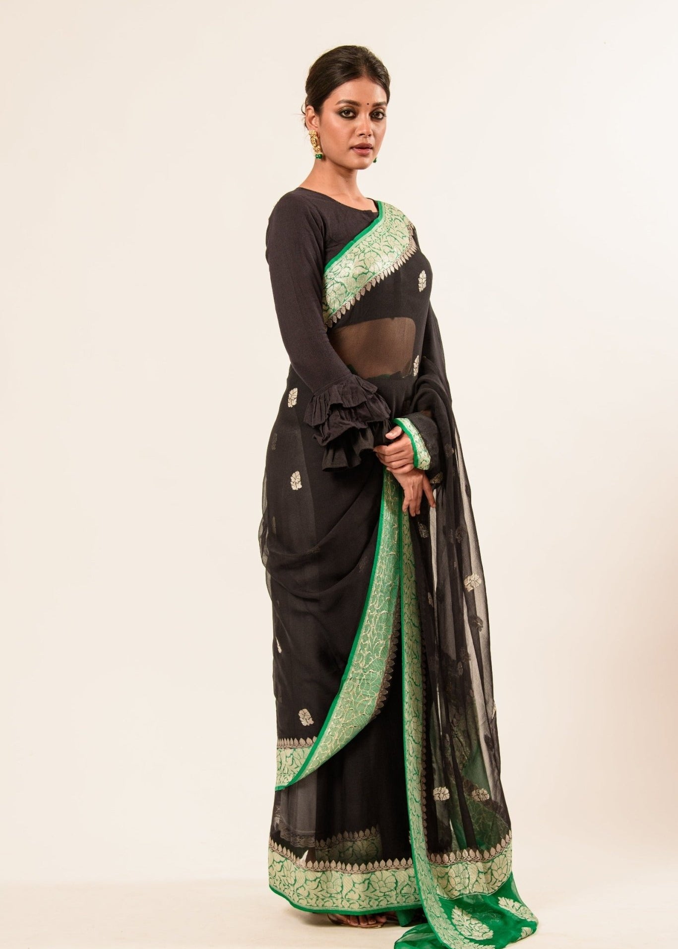 Black Khaddi Georgette Handloom Banarasi Saree - Anvi Couture