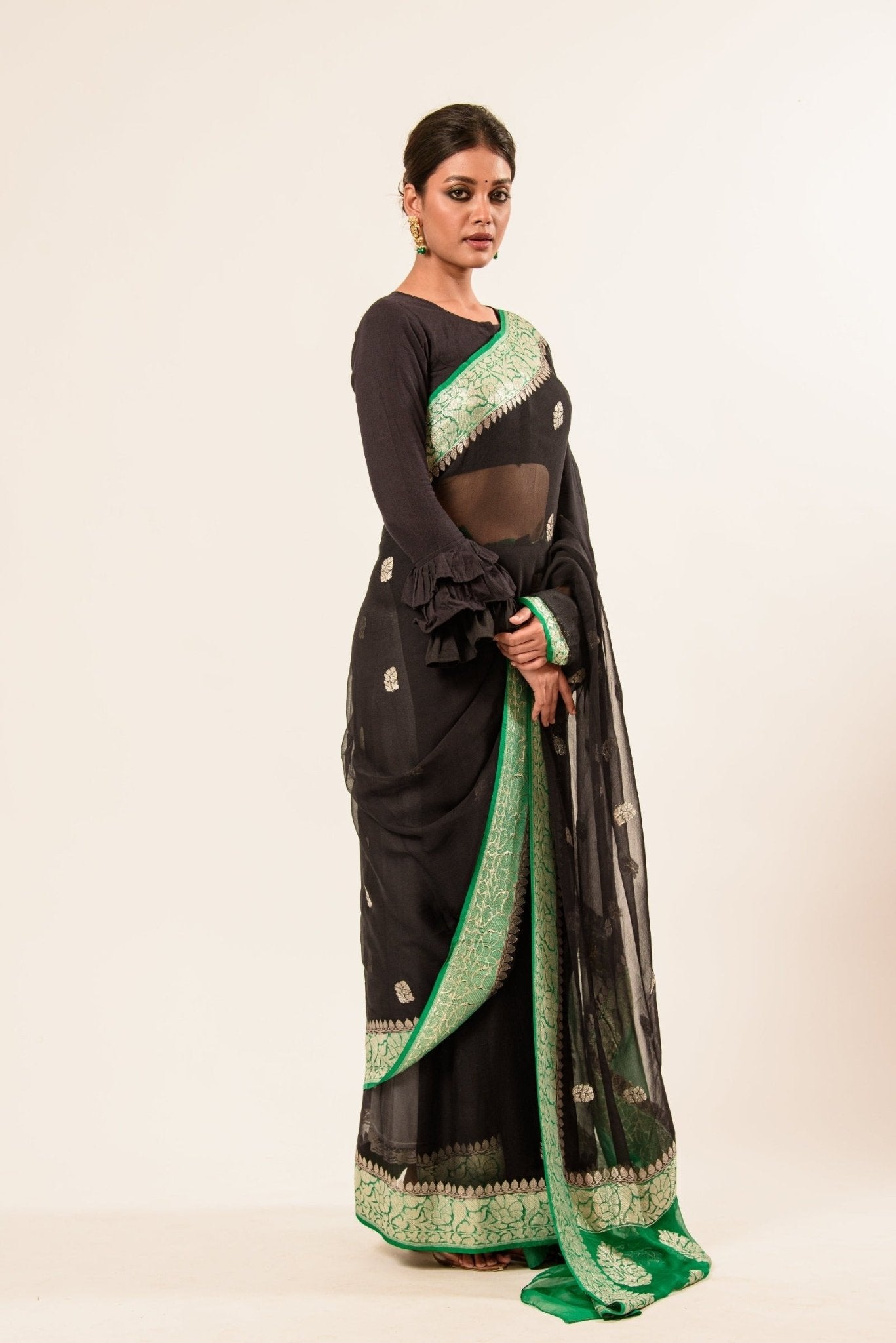 Black Khaddi Georgette Handloom Banarasi Saree - Anvi Couture