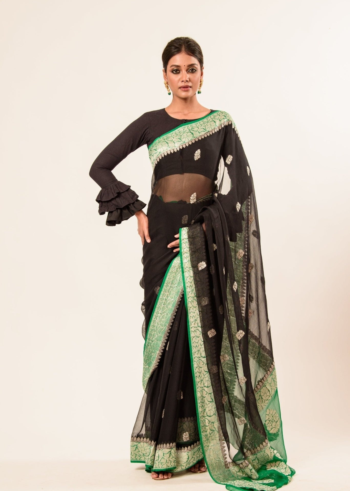 Black Khaddi Georgette Handloom Banarasi Saree - Anvi Couture