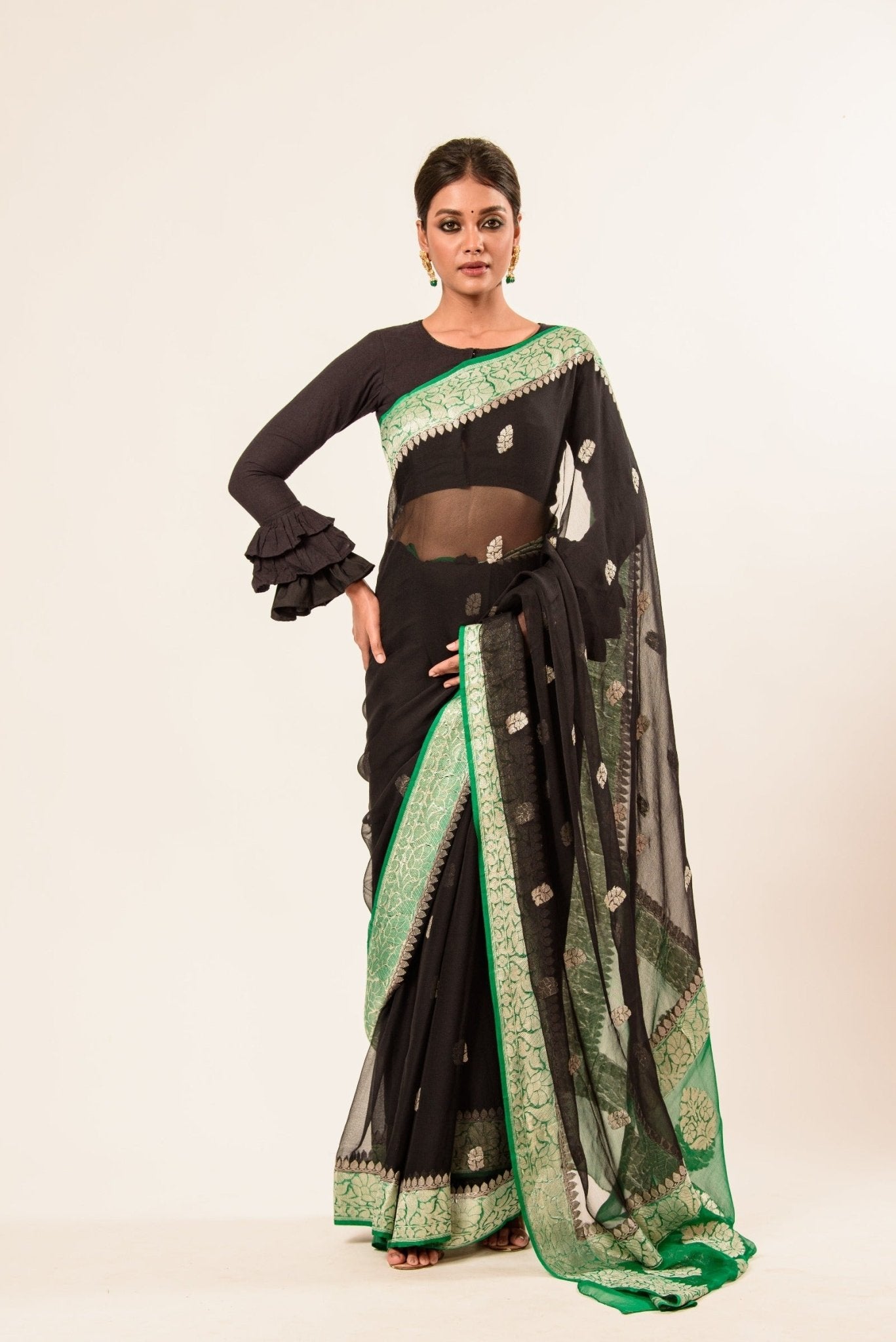 Black Khaddi Georgette Handloom Banarasi Saree - Anvi Couture