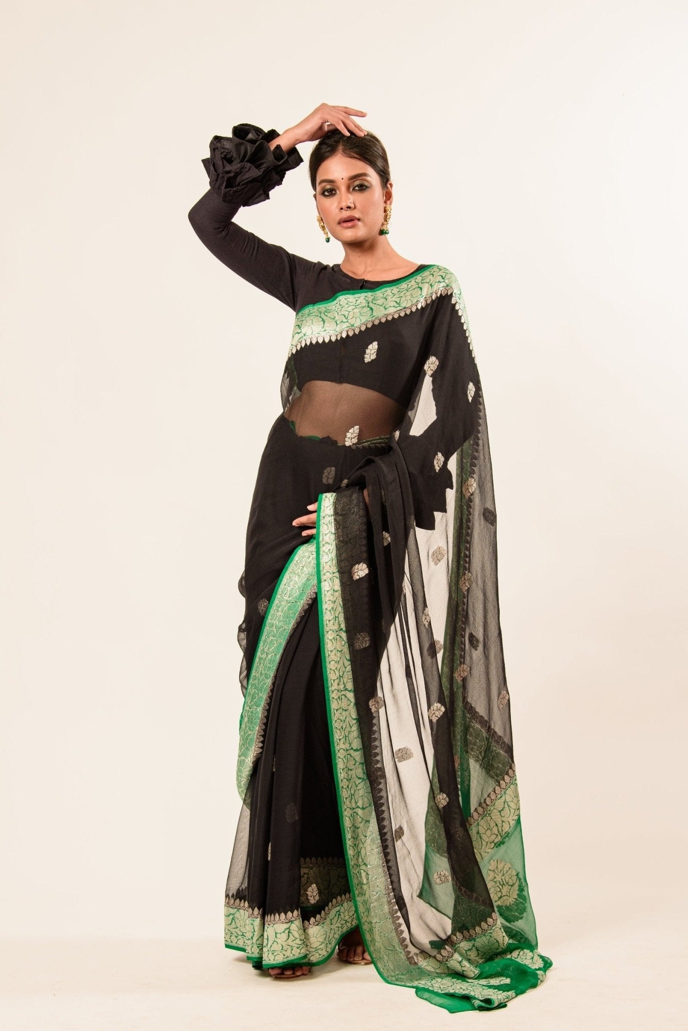 Black Khaddi Georgette Handloom Banarasi Saree - Anvi Couture