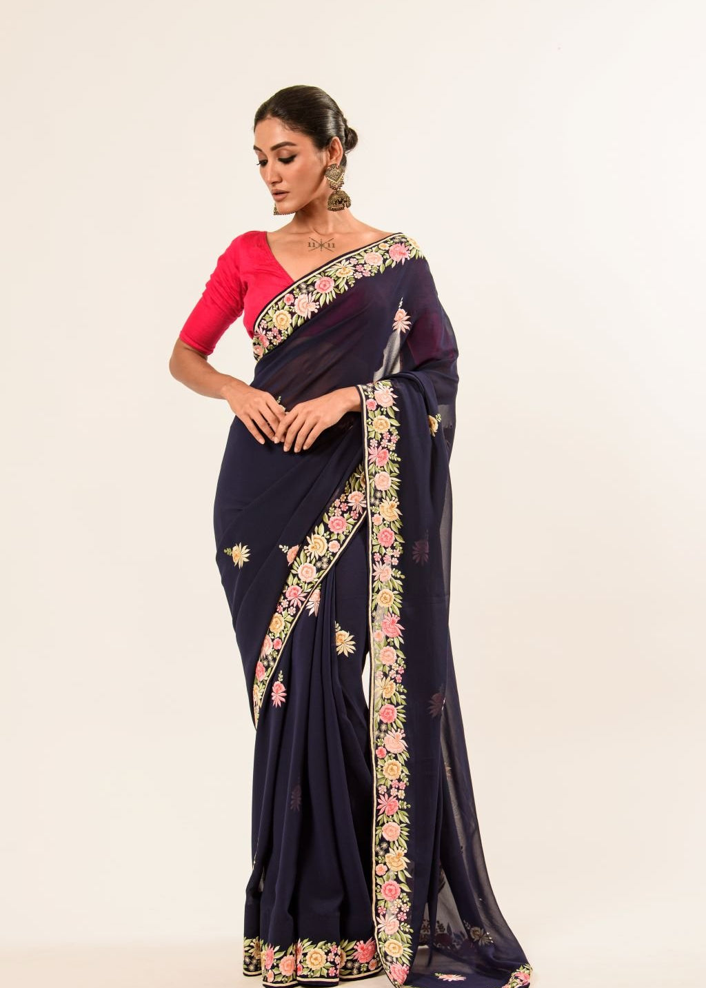 Navy Blue Parsi Gara Hand Embroidered Saree - Anvi Couture