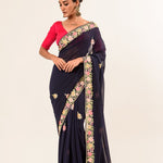 Navy Blue Parsi Gara Hand Embroidered Saree - Anvi Couture