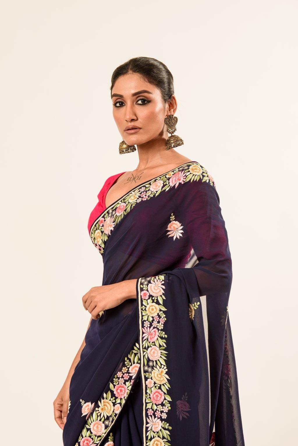 Navy Blue Parsi Gara Hand Embroidered Saree - Anvi Couture