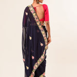 Navy Blue Parsi Gara Hand Embroidered Saree - Anvi Couture