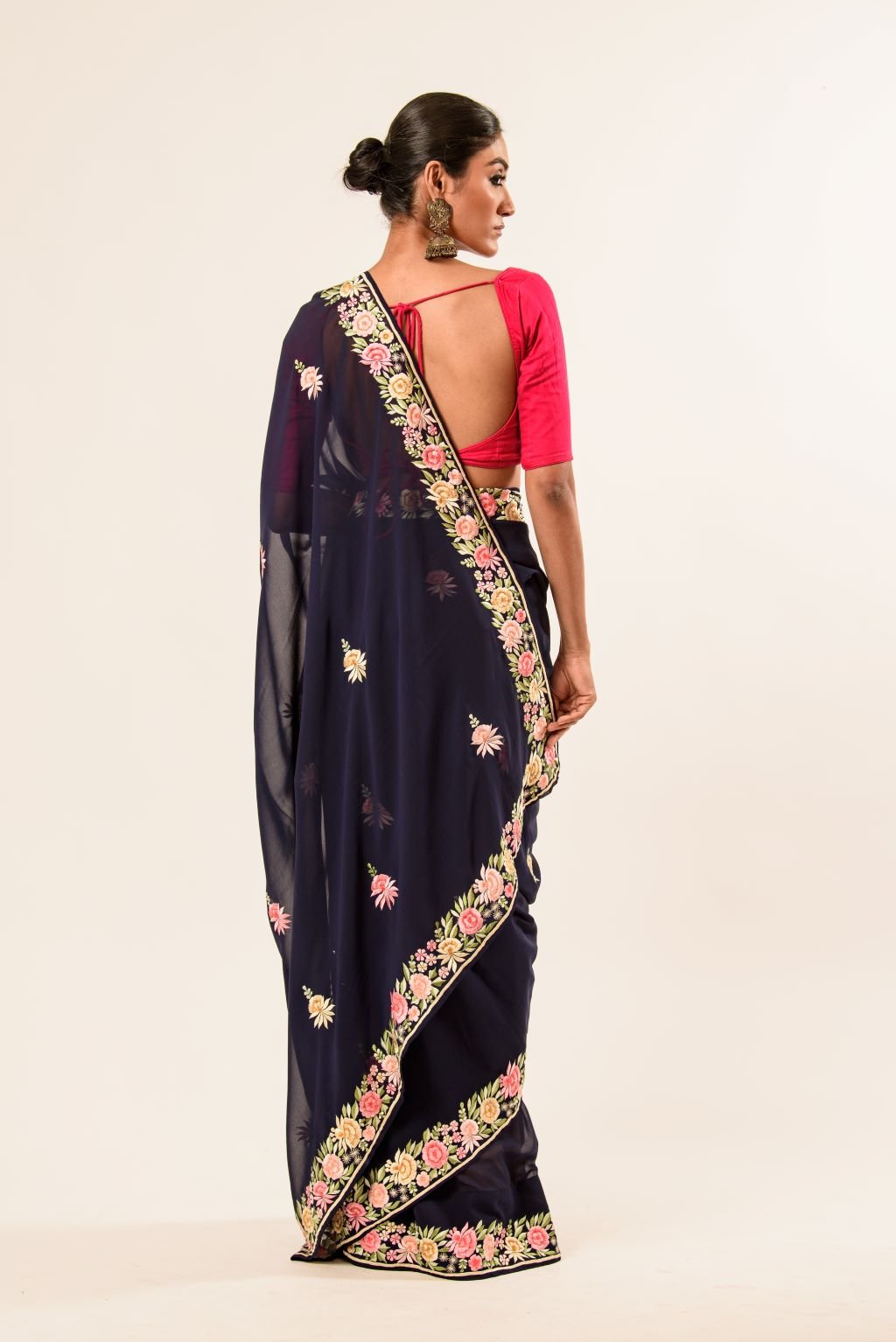 Navy Blue Parsi Gara Hand Embroidered Saree - Anvi Couture