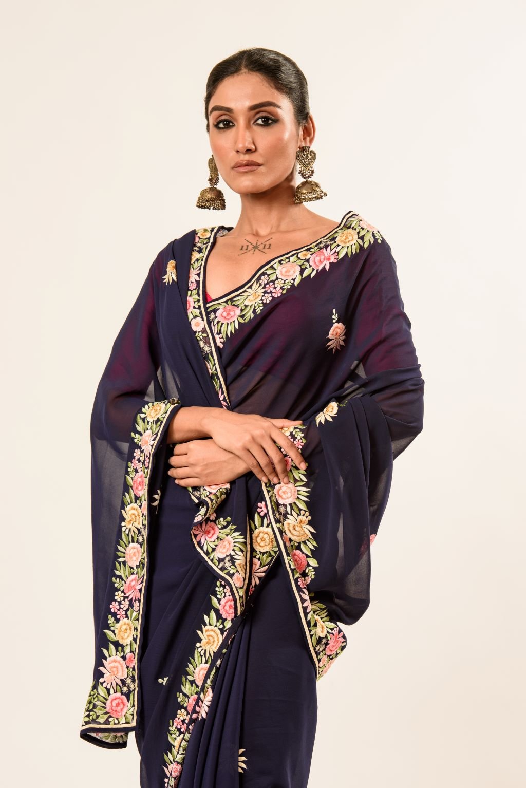 Navy Blue Parsi Gara Hand Embroidered Saree - Anvi Couture