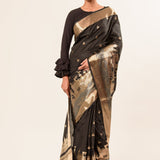 Black Temple Border Handwoven Katan Banarasi Saree - Anvi Couture