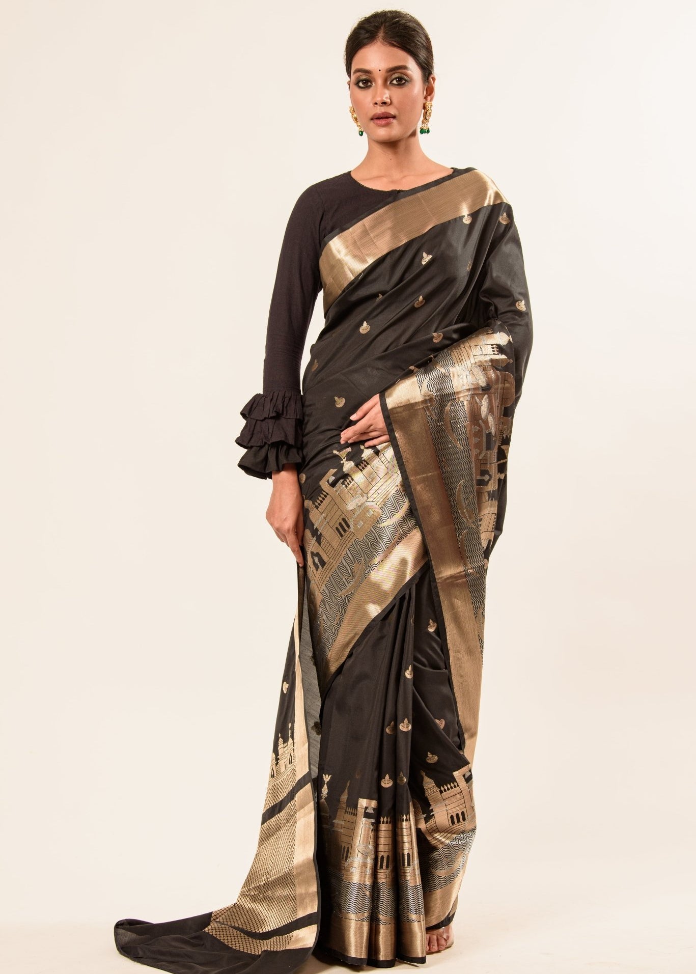 Black Temple Border Handwoven Katan Banarasi Saree - Anvi Couture