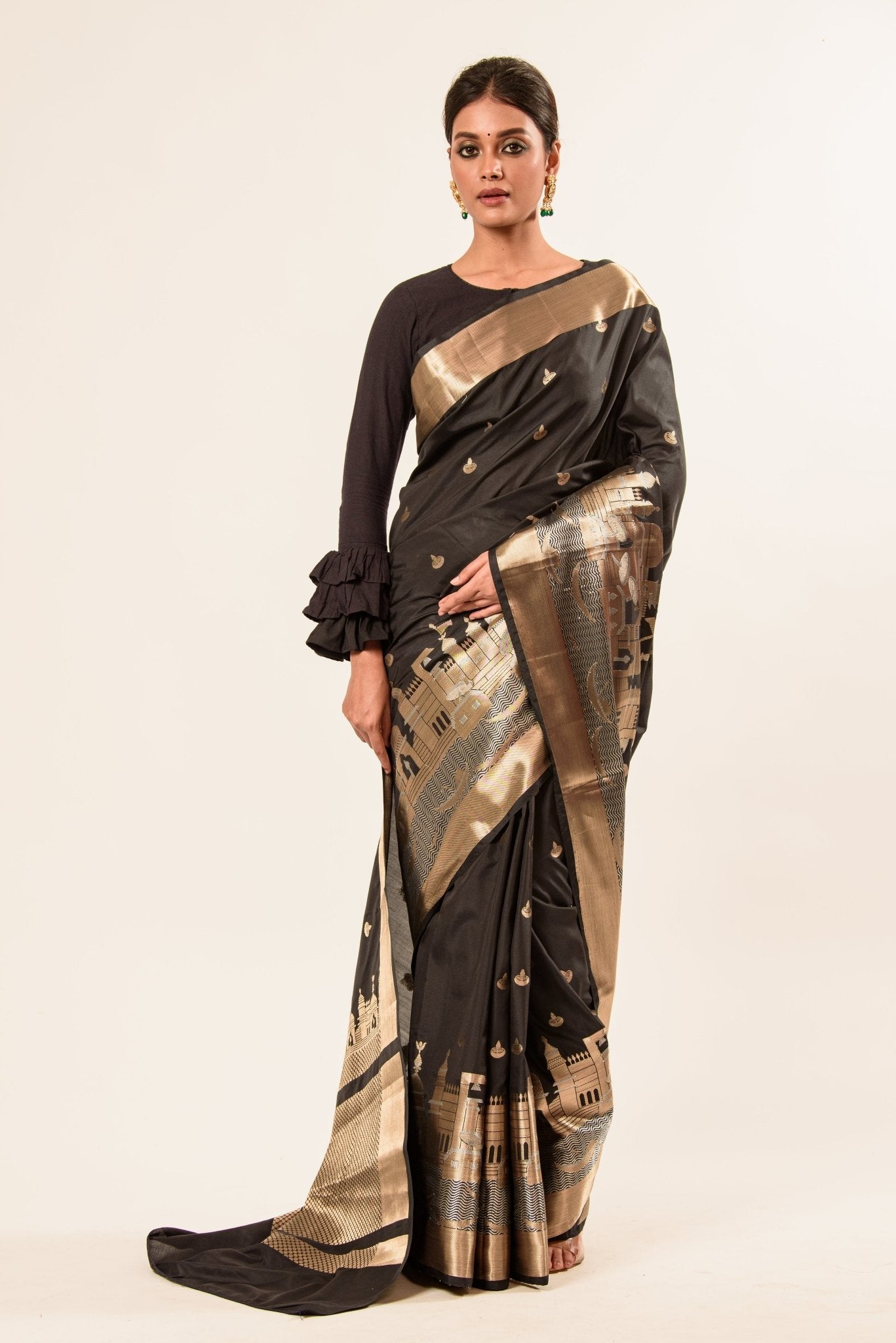 Black Temple Border Handwoven Katan Banarasi Saree - Anvi Couture