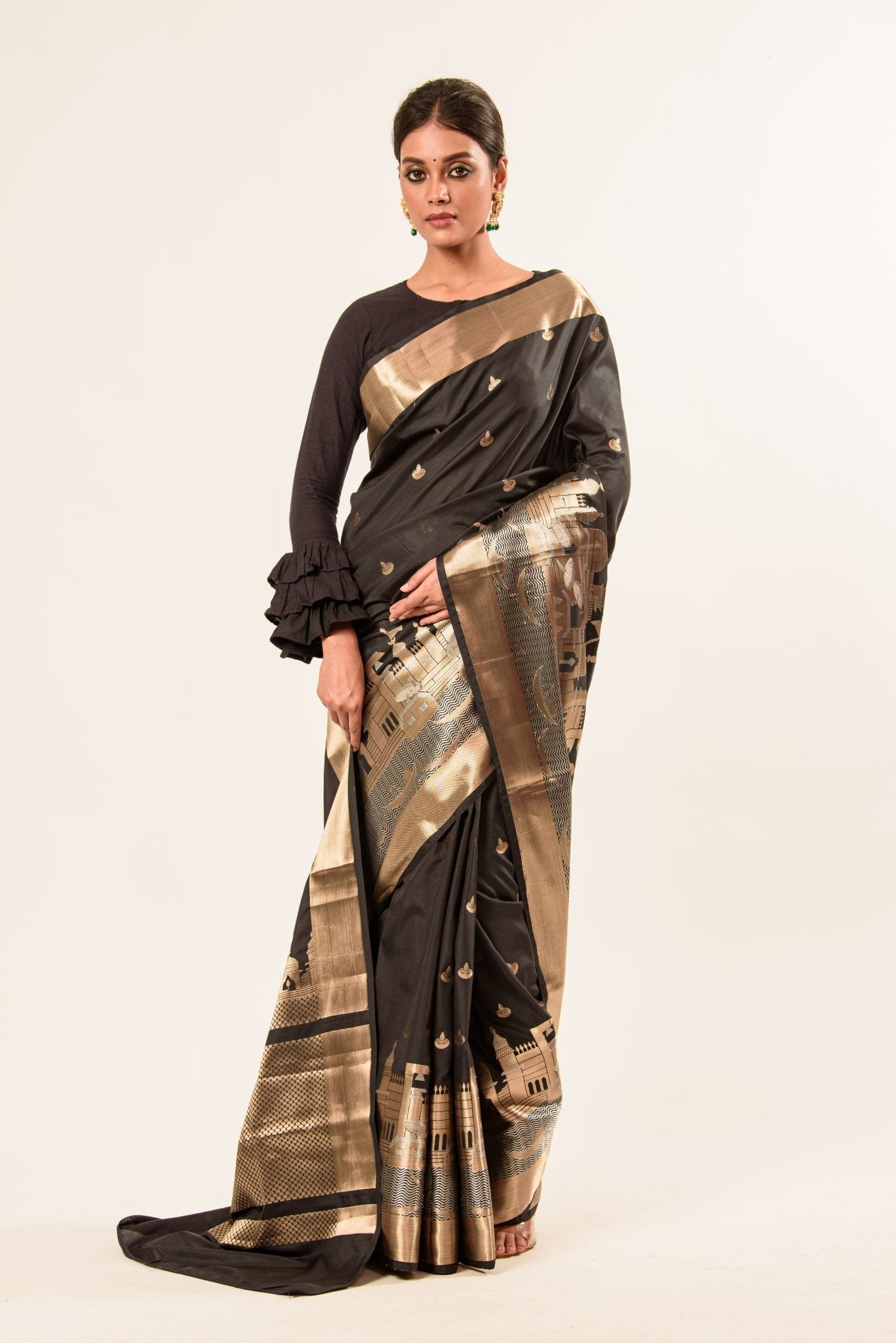 Black Temple Border Handwoven Katan Banarasi Saree - Anvi Couture