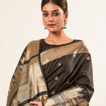 Black Temple Border Handwoven Katan Banarasi Saree - Anvi Couture