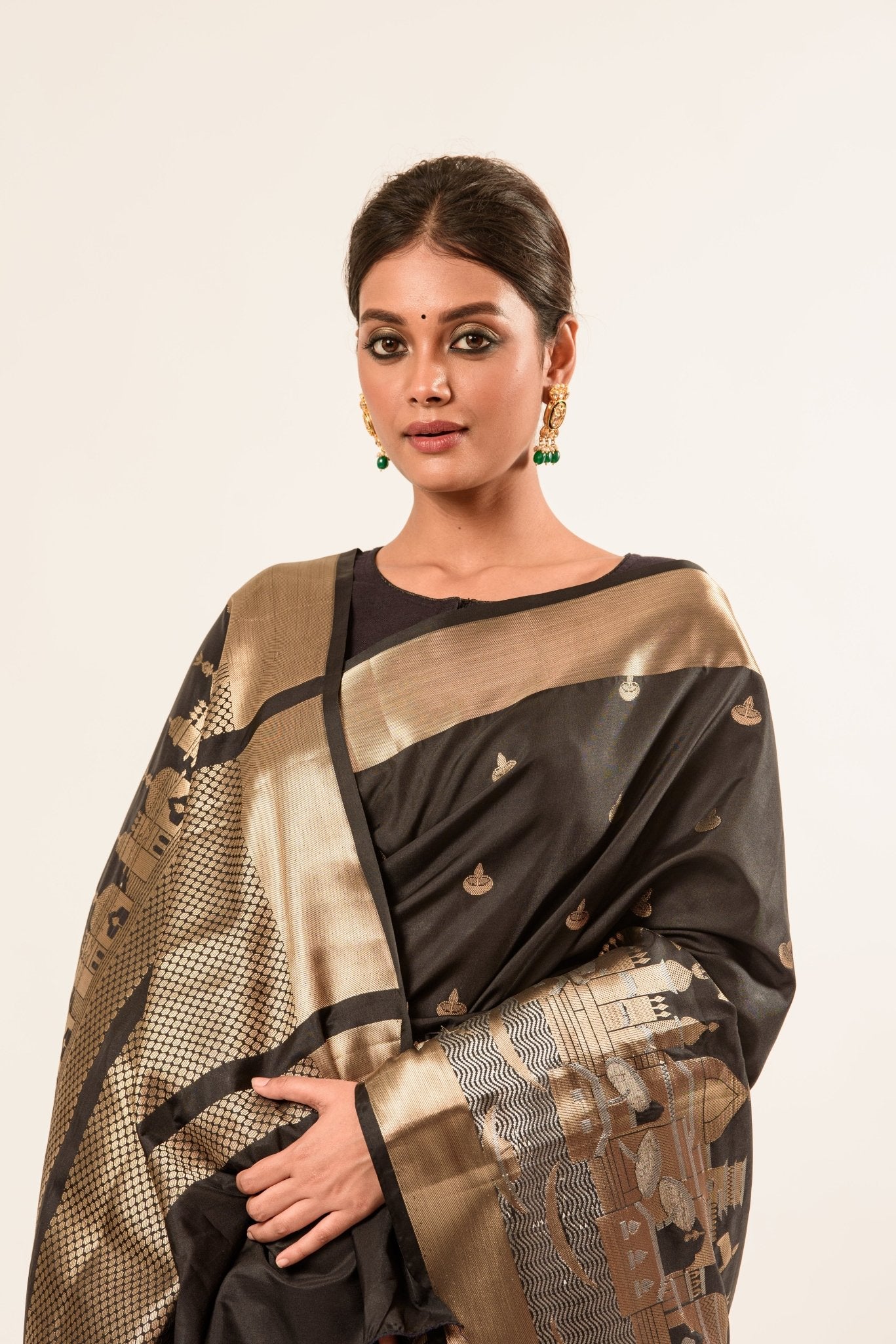 Black Temple Border Handwoven Katan Banarasi Saree - Anvi Couture