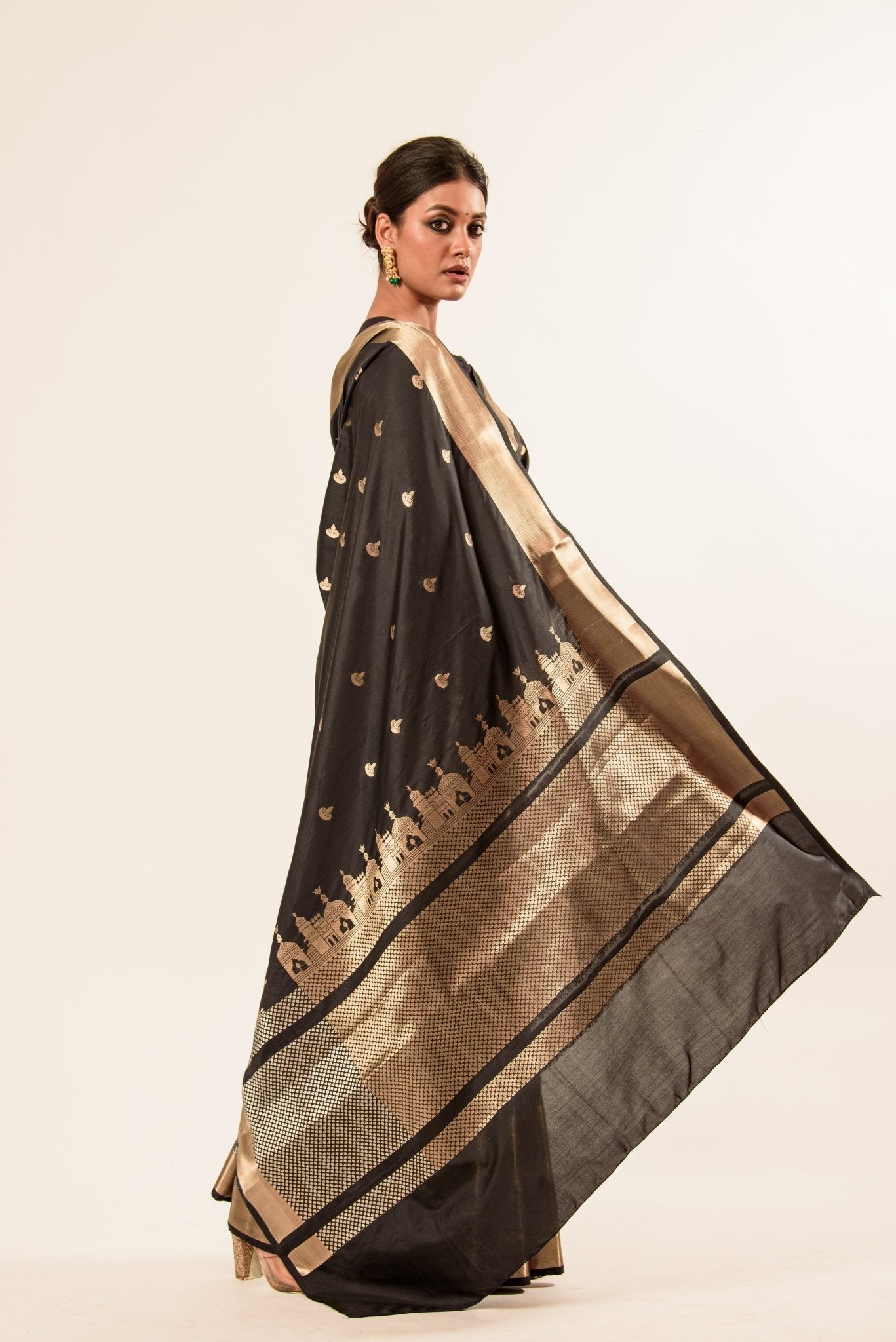 Black Temple Border Handwoven Katan Banarasi Saree - Anvi Couture