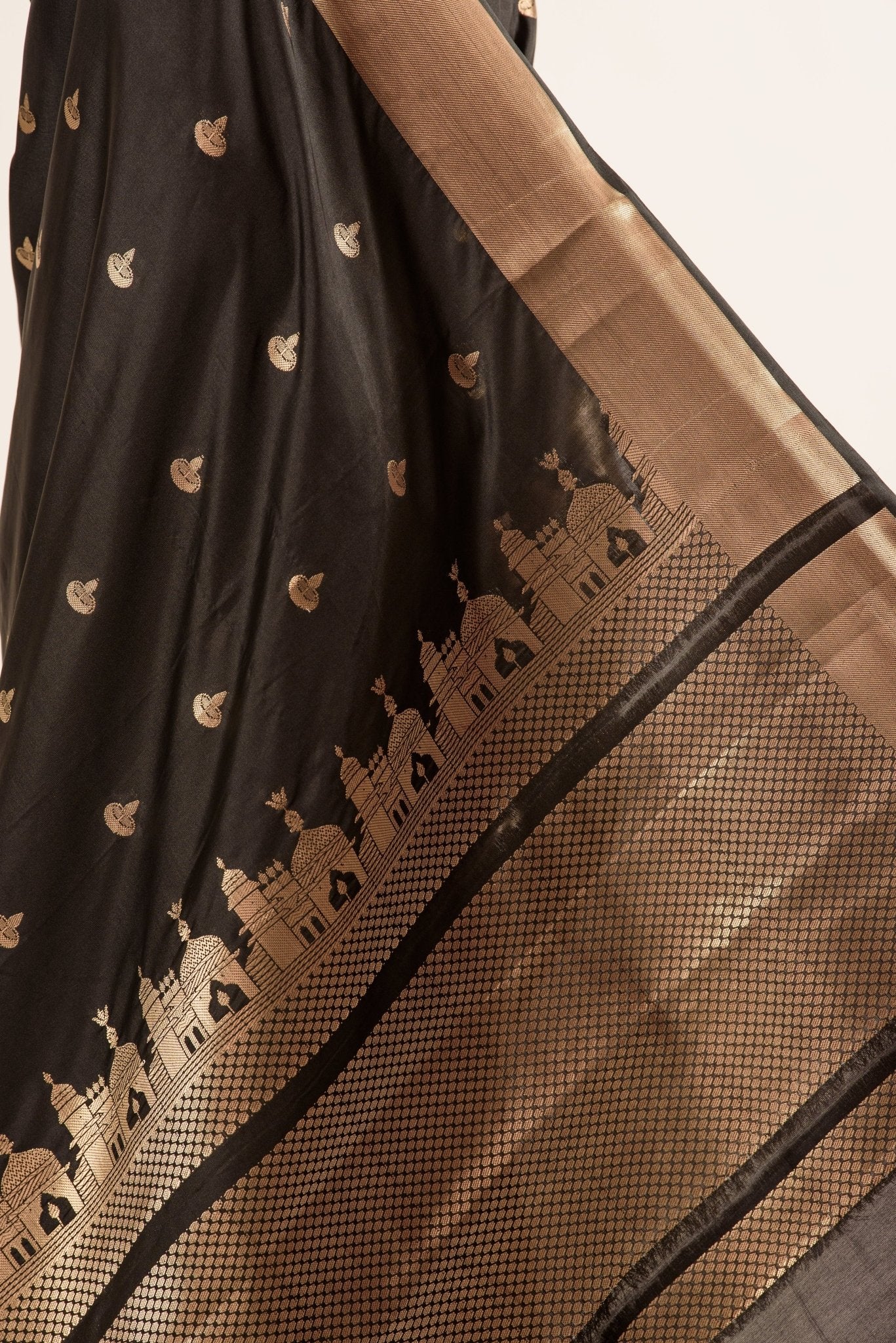 Black Temple Border Handwoven Katan Banarasi Saree - Anvi Couture