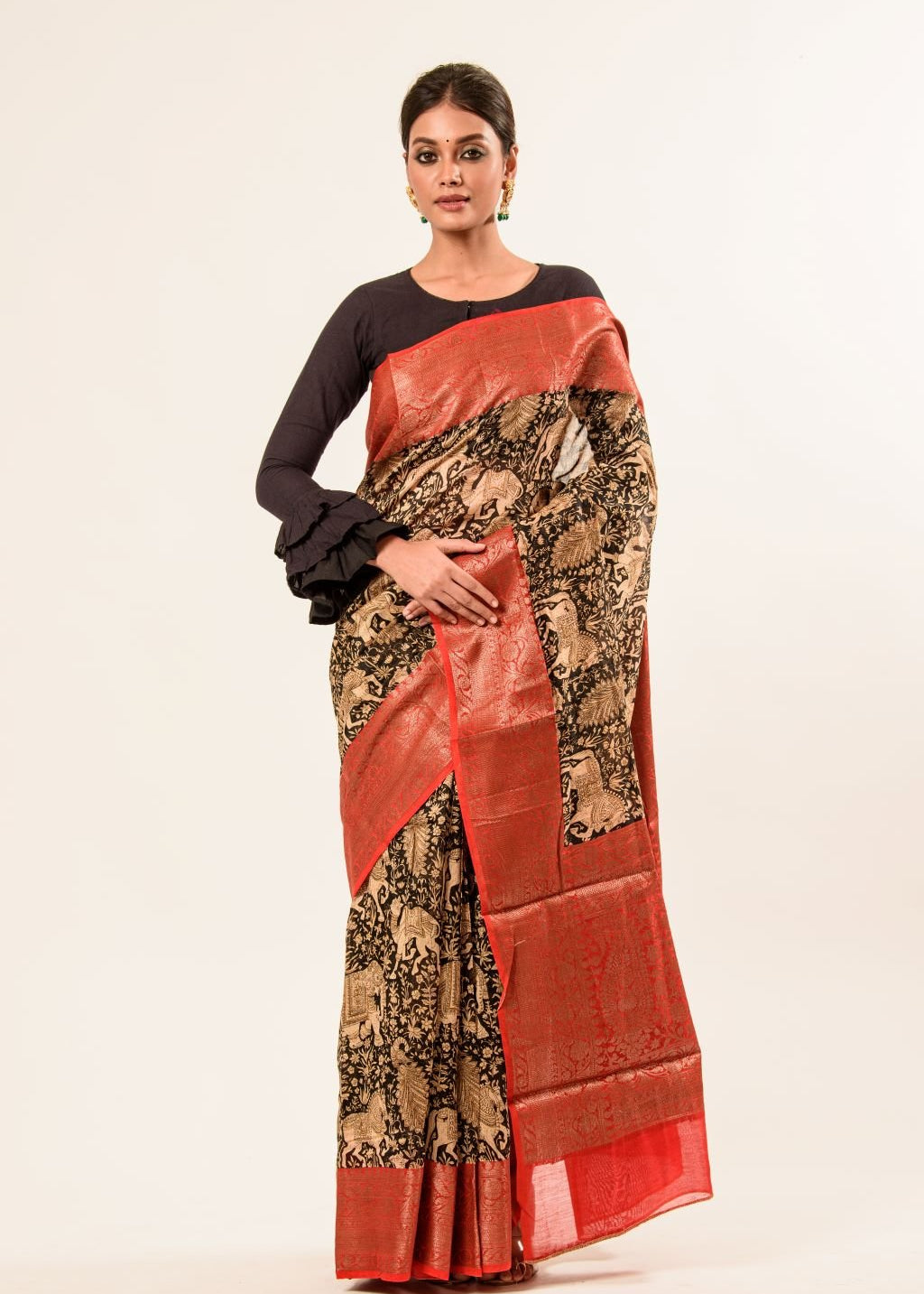 Black Kalamkari Cotton Silk Saree with Red Border - Anvi Couture