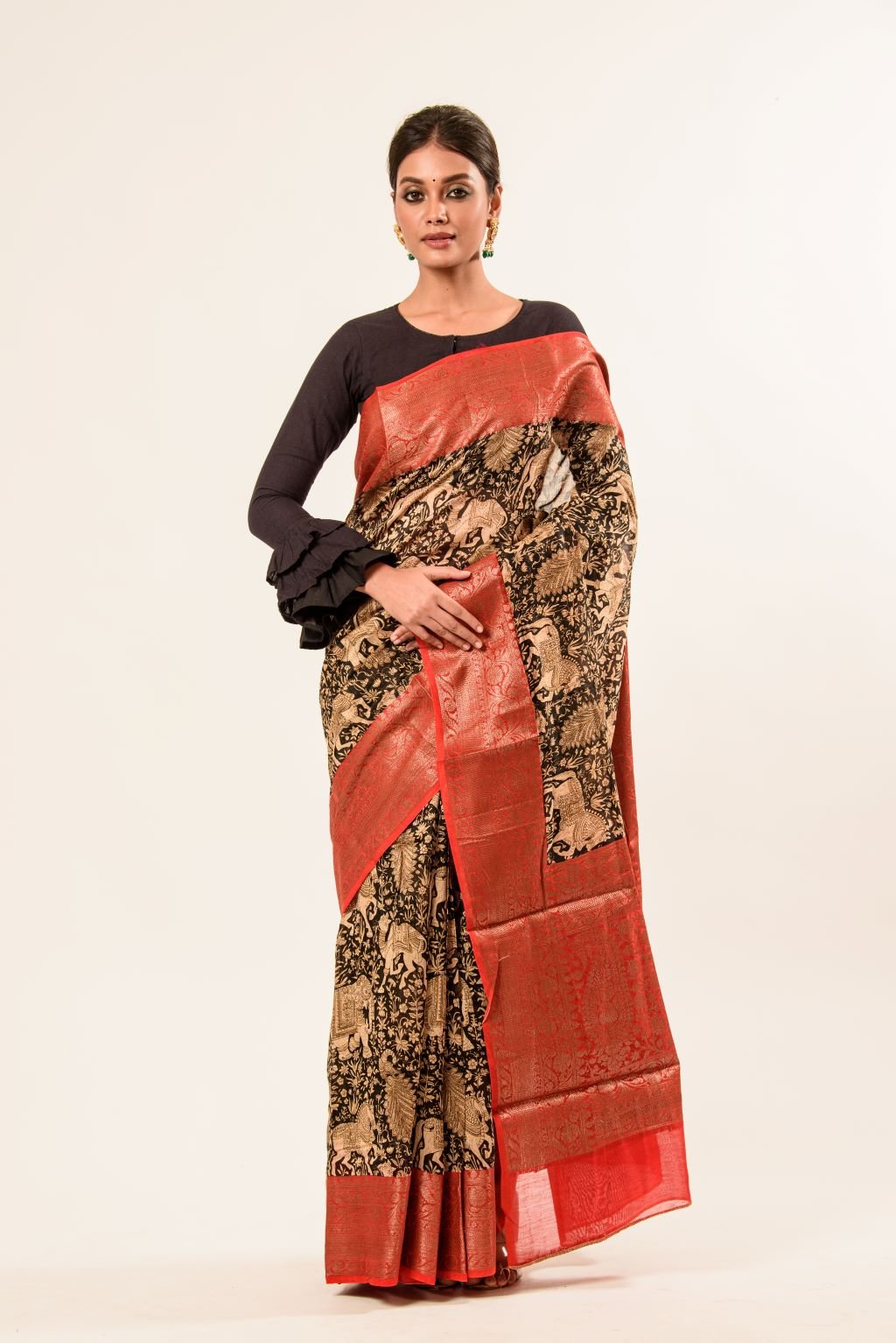 Black Kalamkari Cotton Silk Saree with Red Border - Anvi Couture