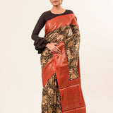 Black Kalamkari Cotton Silk Saree with Red Border - Anvi Couture