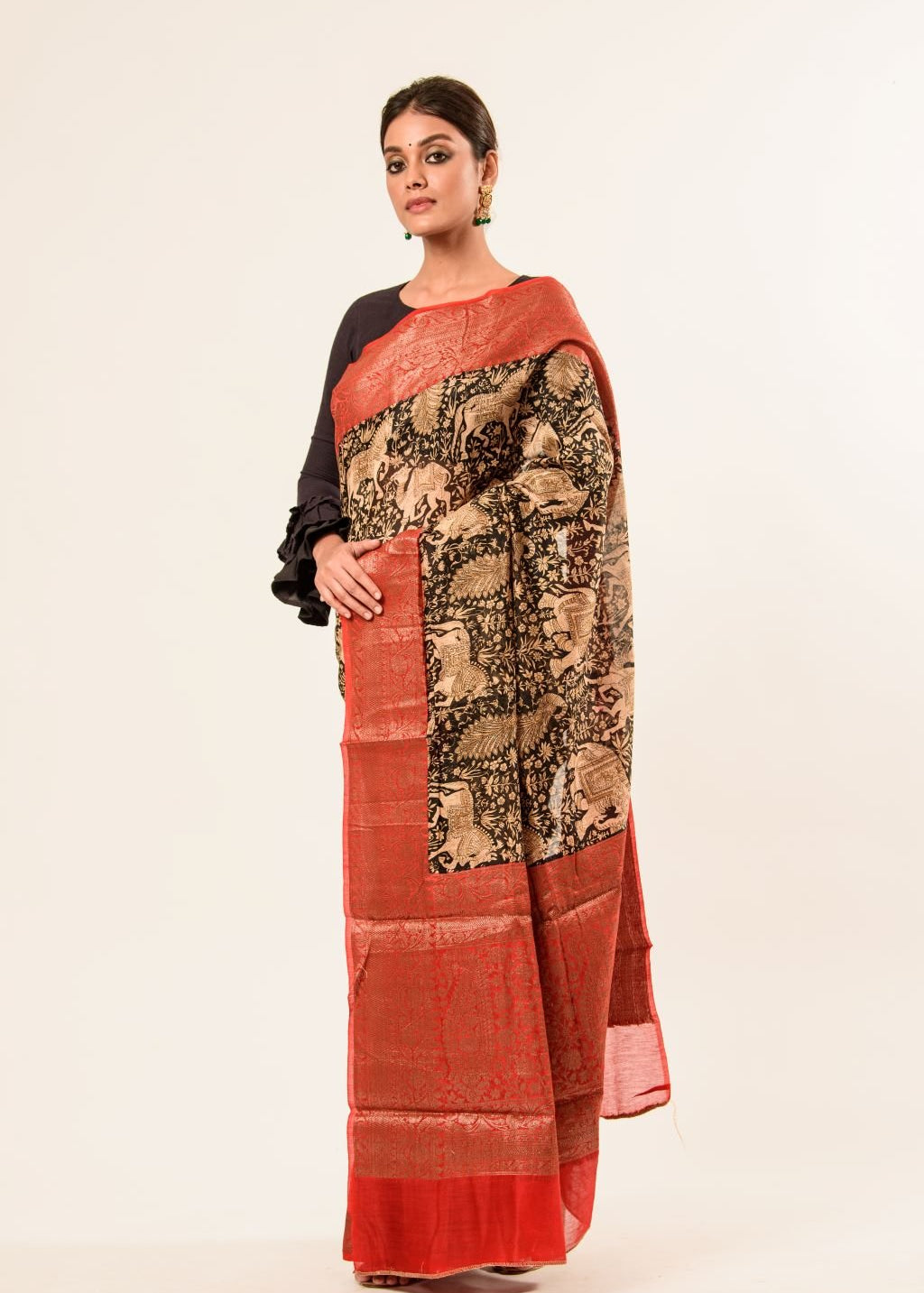 Black Kalamkari Cotton Silk Saree with Red Border - Anvi Couture