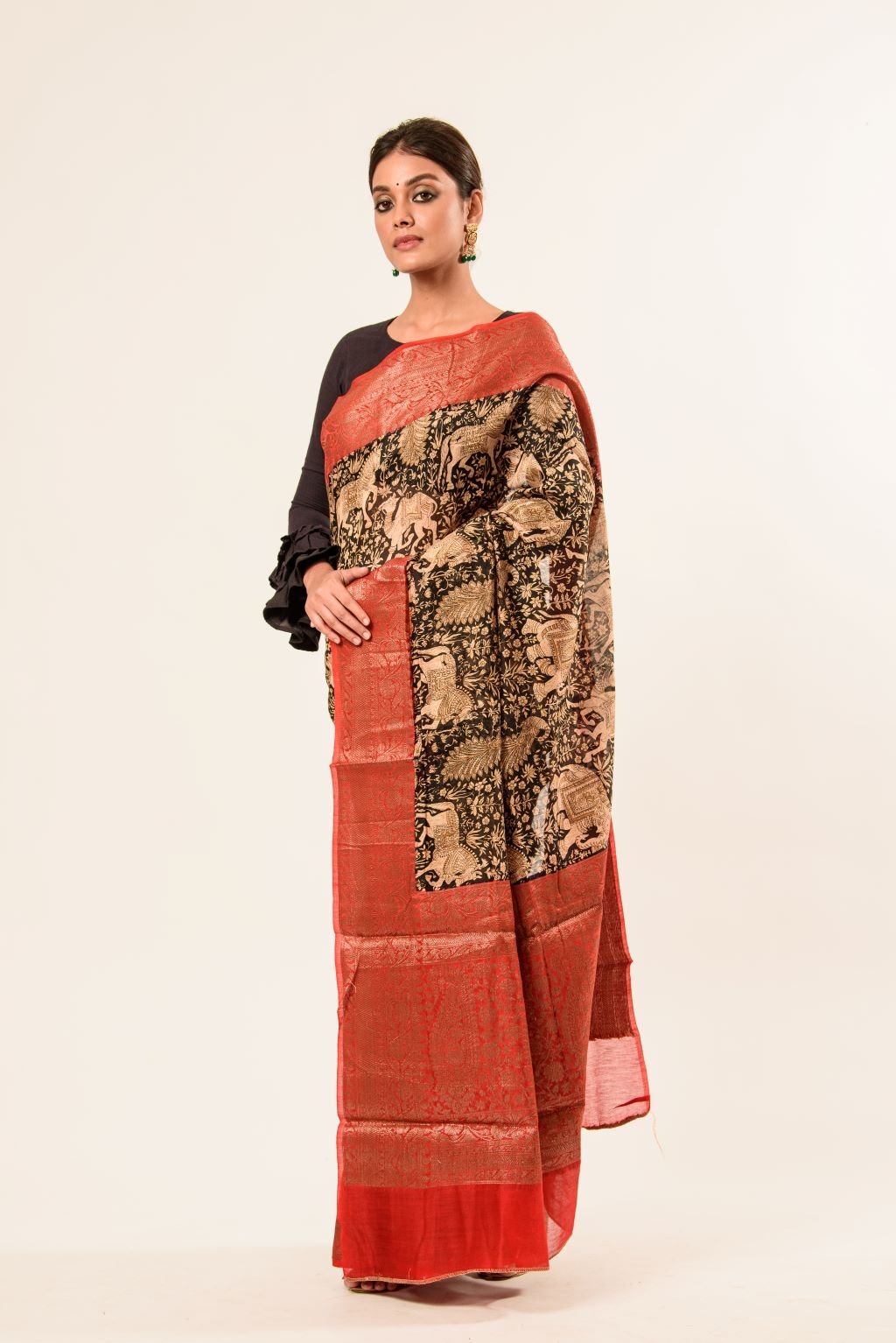 Black Kalamkari Cotton Silk Saree with Red Border - Anvi Couture