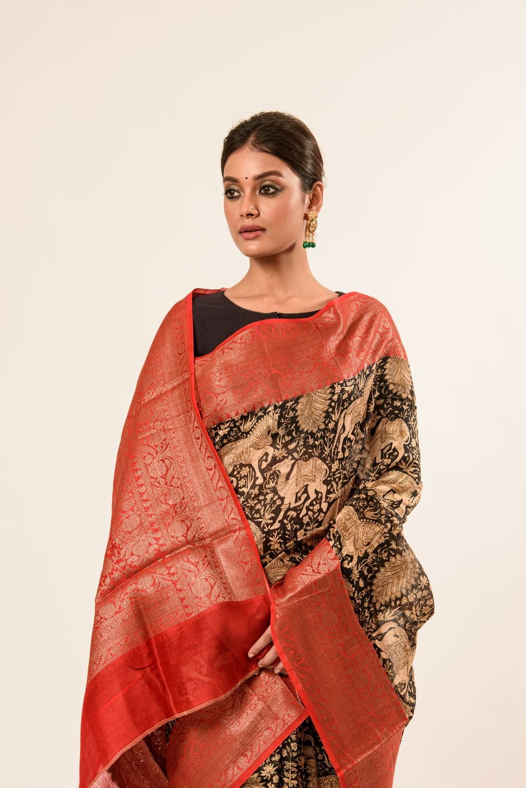 Black Kalamkari Cotton Silk Saree with Red Border - Anvi Couture