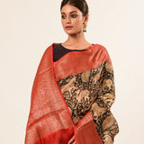 Black Kalamkari Cotton Silk Saree with Red Border - Anvi Couture