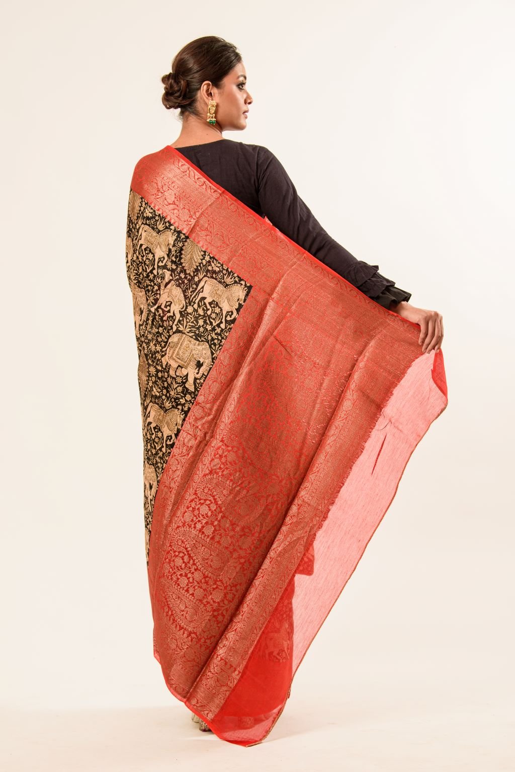 Black Kalamkari Cotton Silk Saree with Red Border - Anvi Couture