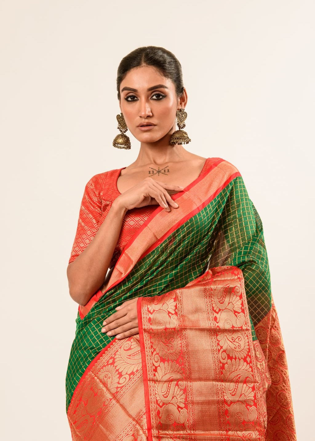 Green Mangalagiri Cotton Silk Zari Check Saree with Red Border - Anvi Couture