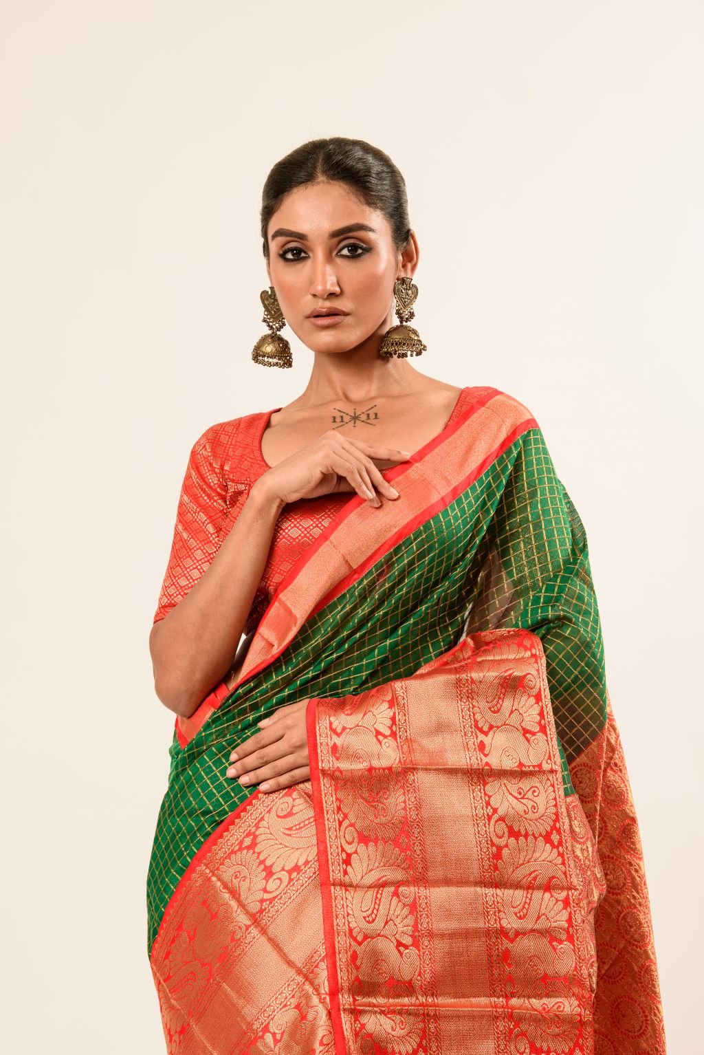 Green Mangalagiri Cotton Silk Zari Check Saree with Red Border - Anvi Couture