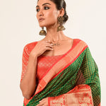 Green Mangalagiri Cotton Silk Zari Check Saree with Red Border - Anvi Couture