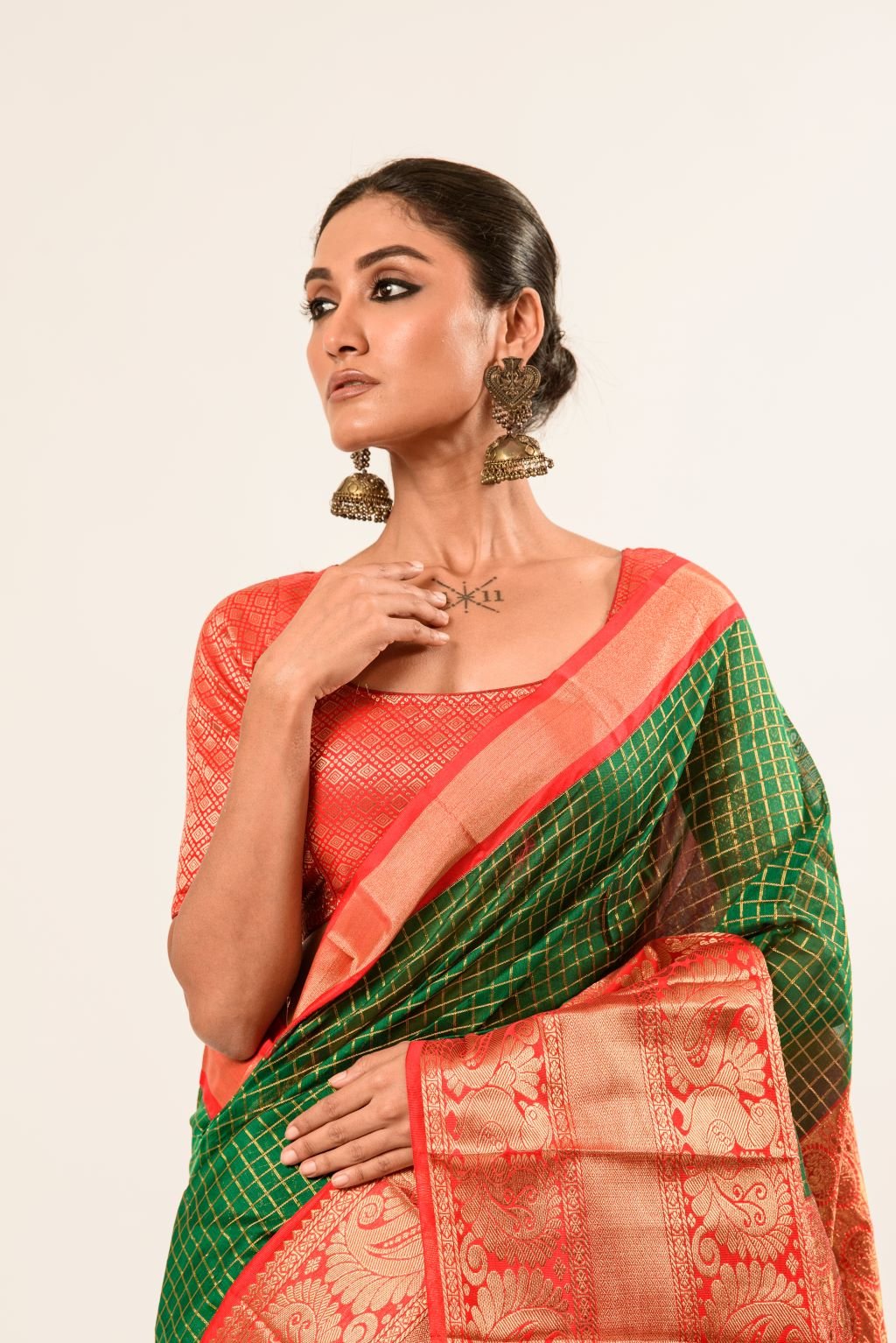 Green Mangalagiri Cotton Silk Zari Check Saree with Red Border - Anvi Couture