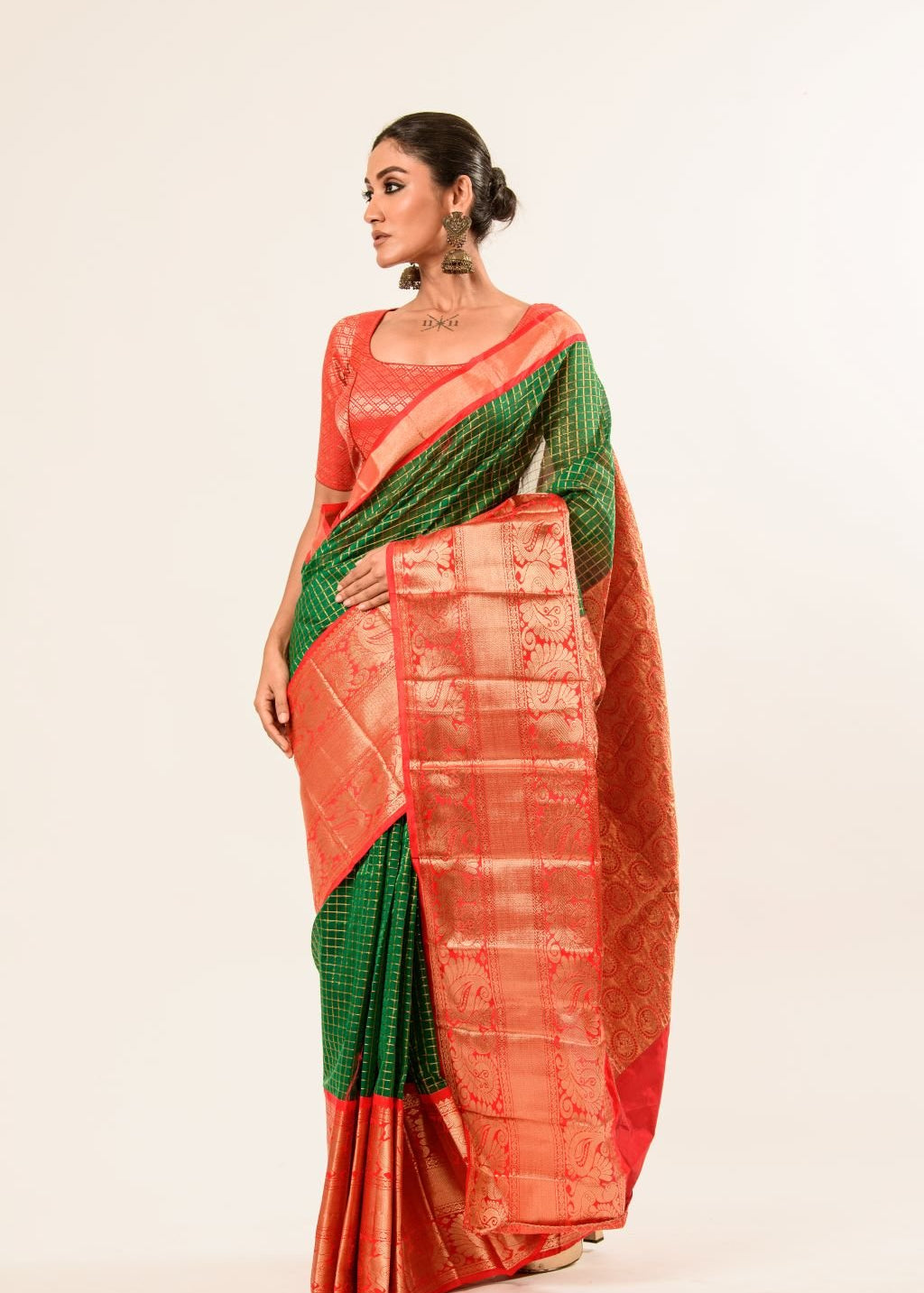 Green Mangalagiri Cotton Silk Zari Check Saree with Red Border - Anvi Couture