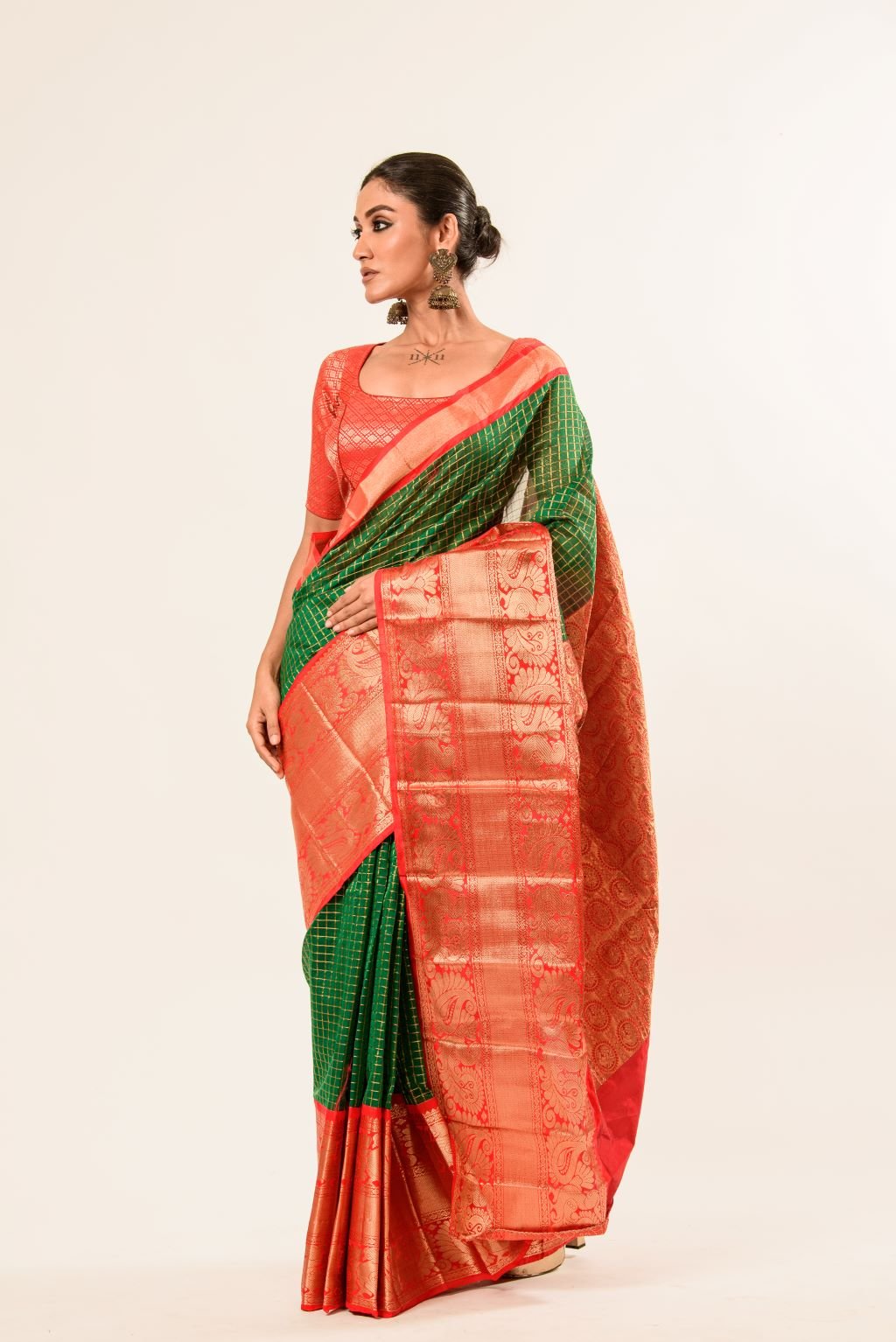 Green Mangalagiri Cotton Silk Zari Check Saree with Red Border - Anvi Couture