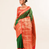 Green Mangalagiri Cotton Silk Zari Check Saree with Red Border - Anvi Couture