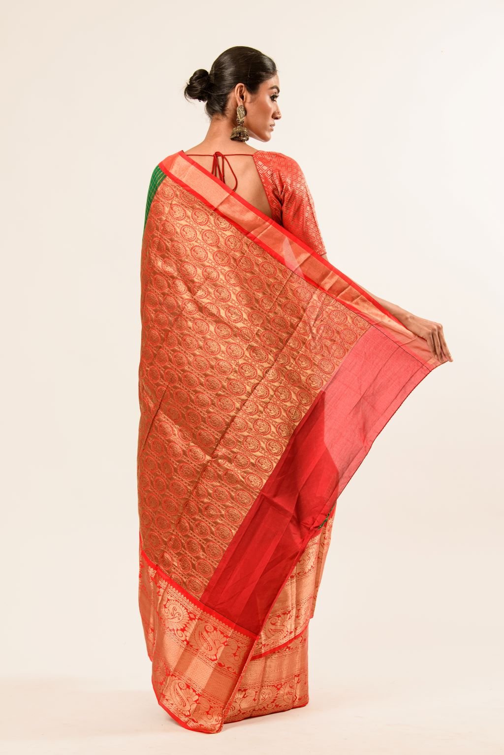 Green Mangalagiri Cotton Silk Zari Check Saree with Red Border - Anvi Couture