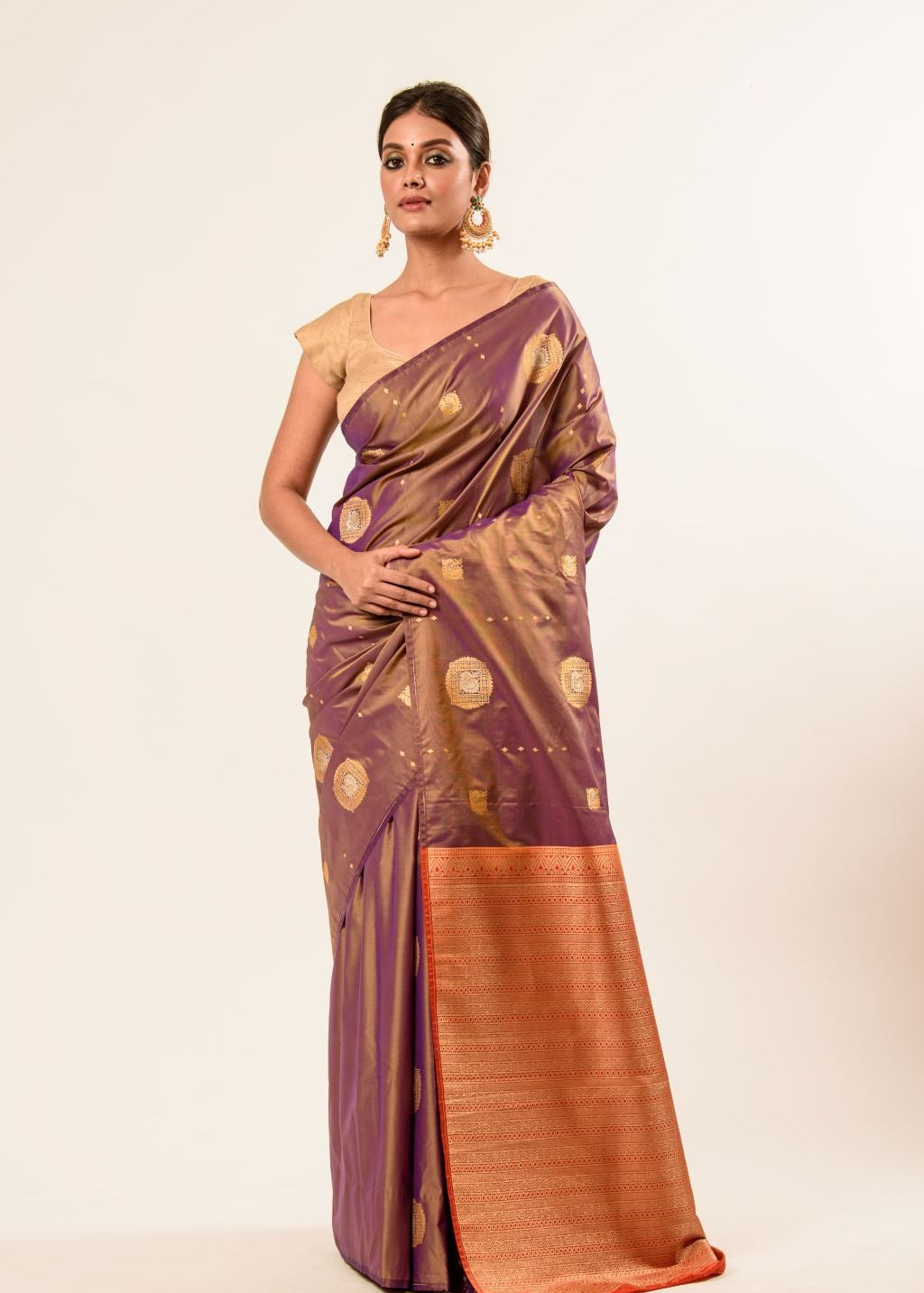 Light Brown Dual Tone Kanchipuram Silk Saree - Anvi Couture