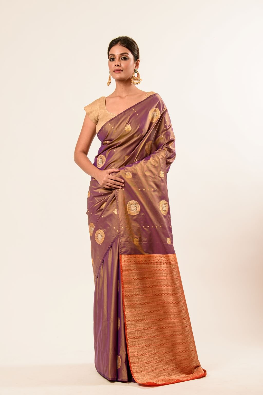 Light Brown Dual Tone Kanchipuram Silk Saree - Anvi Couture